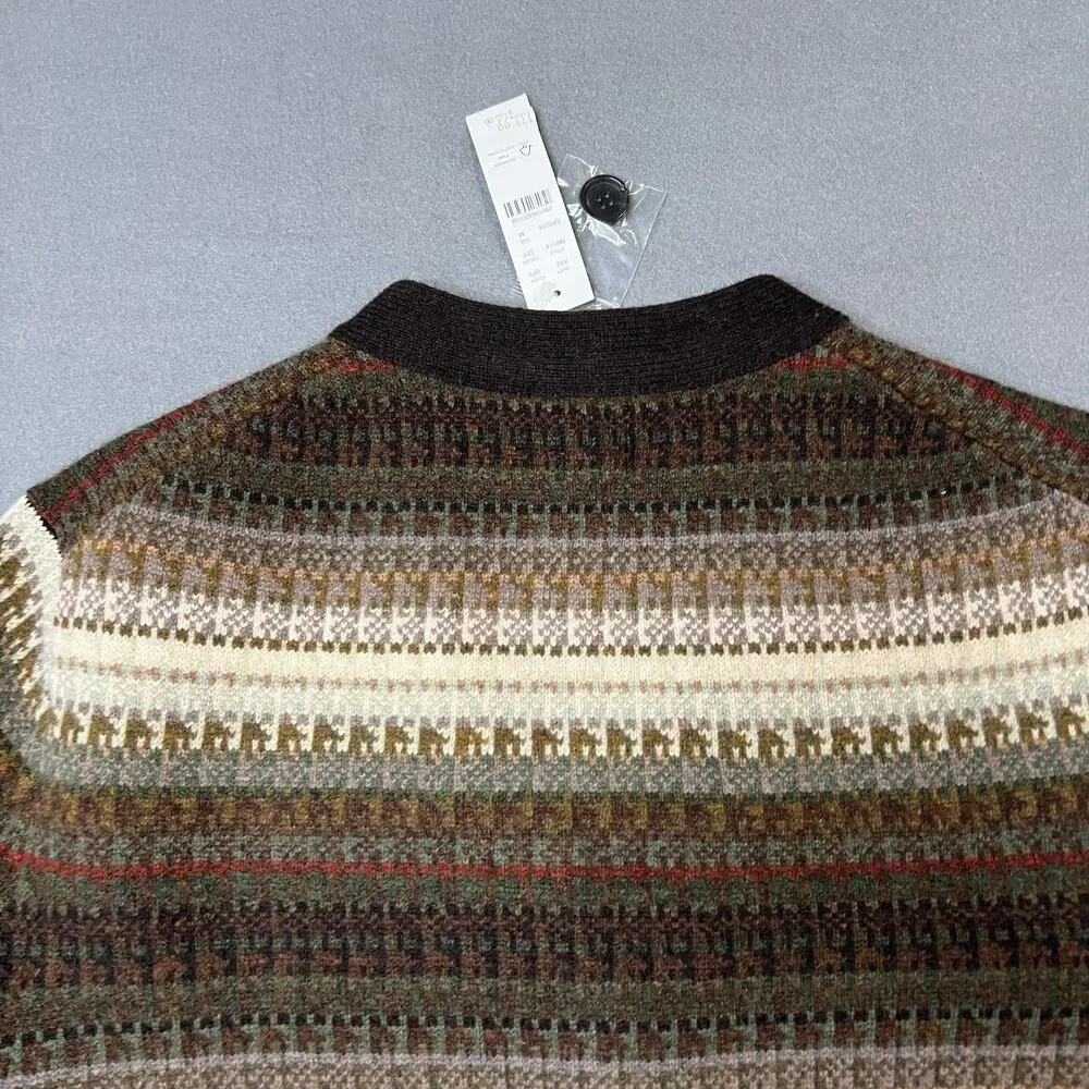 J.Crew Cardigan Sweater Men Medium Brown Ivory Fair Isle Wool Blend Button Front